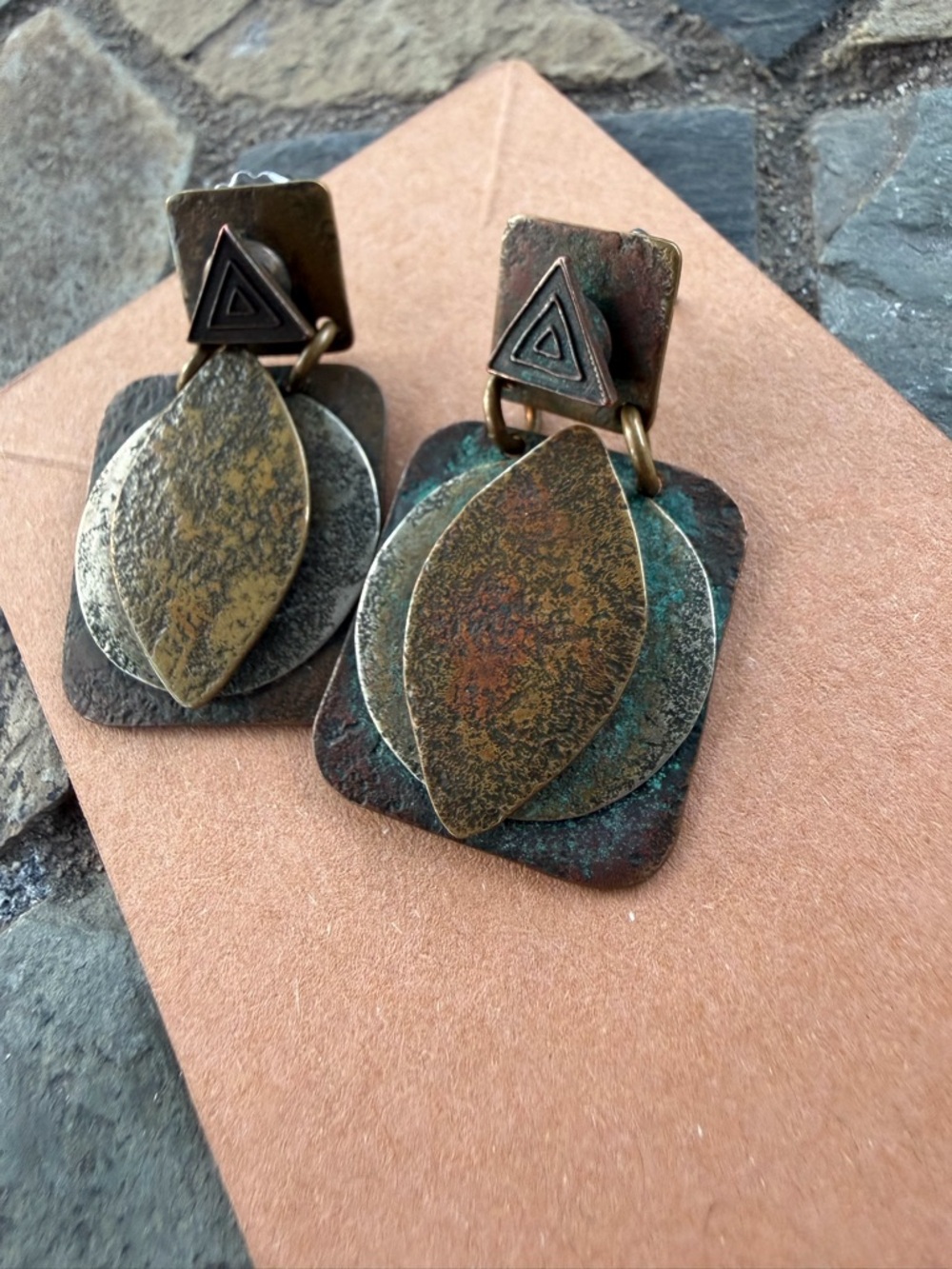 Vintage Marjorie Baer SF Brass Earrings Geometric Layered Patina